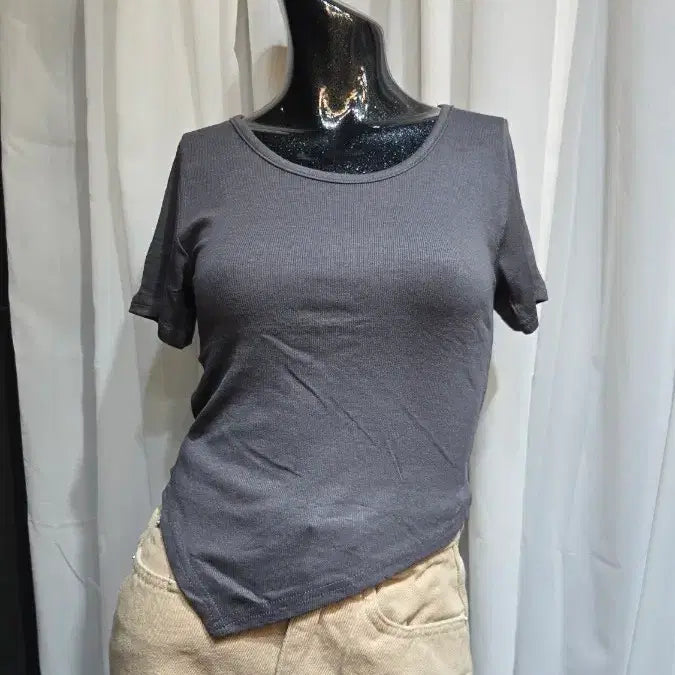 [BUNJANG] Unbalanced Hem Charcoal Ribbed Knit T-shirt / 밑단 언발  차콜 골지 반팔