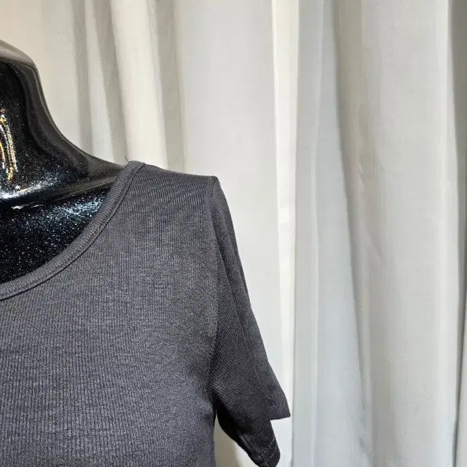 [BUNJANG] Unbalanced Hem Charcoal Ribbed Knit T-shirt / 밑단 언발  차콜 골지 반팔