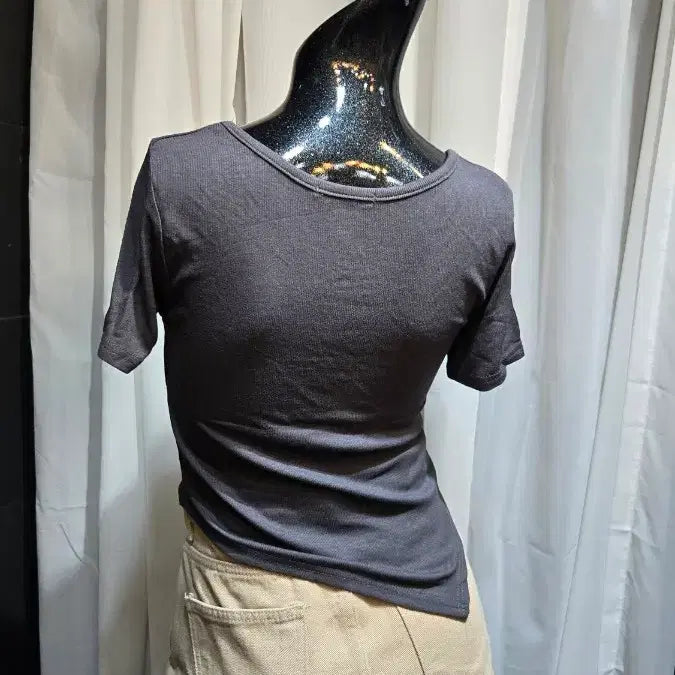 [BUNJANG] Unbalanced Hem Charcoal Ribbed Knit T-shirt / 밑단 언발  차콜 골지 반팔