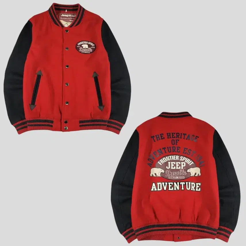 [BUNJANG] Jeep Red Black Color Block Polar Bear Logo Wool Blend Varsity Jacket / JEEP 지프 레드 블랙 배색 폴라베어 로고 올드스쿨 울블렌드 바시티자켓