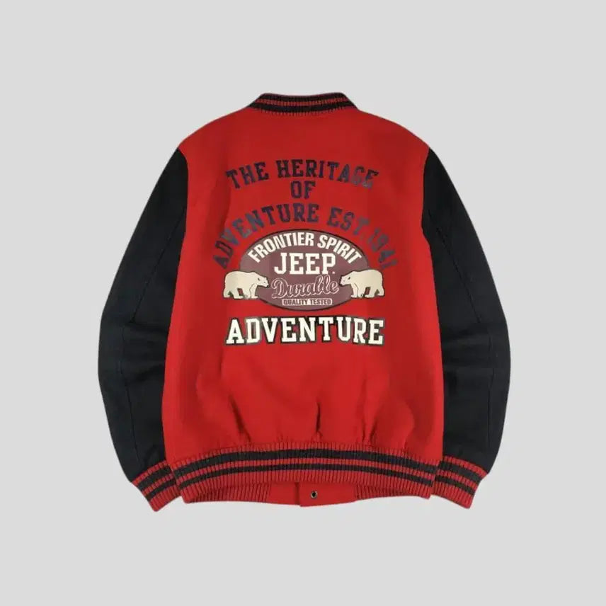 [BUNJANG] Jeep Red Black Color Block Polar Bear Logo Wool Blend Varsity Jacket / JEEP 지프 레드 블랙 배색 폴라베어 로고 올드스쿨 울블렌드 바시티자켓