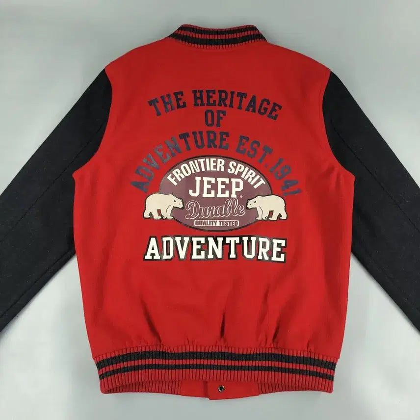 [BUNJANG] Jeep Red Black Color Block Polar Bear Logo Wool Blend Varsity Jacket / JEEP 지프 레드 블랙 배색 폴라베어 로고 올드스쿨 울블렌드 바시티자켓
