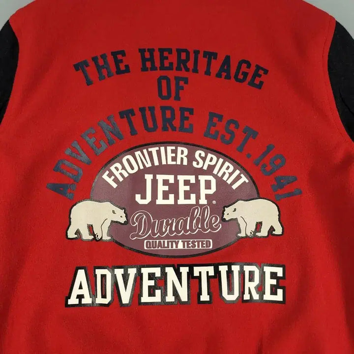 [BUNJANG] Jeep Red Black Color Block Polar Bear Logo Wool Blend Varsity Jacket / JEEP 지프 레드 블랙 배색 폴라베어 로고 올드스쿨 울블렌드 바시티자켓