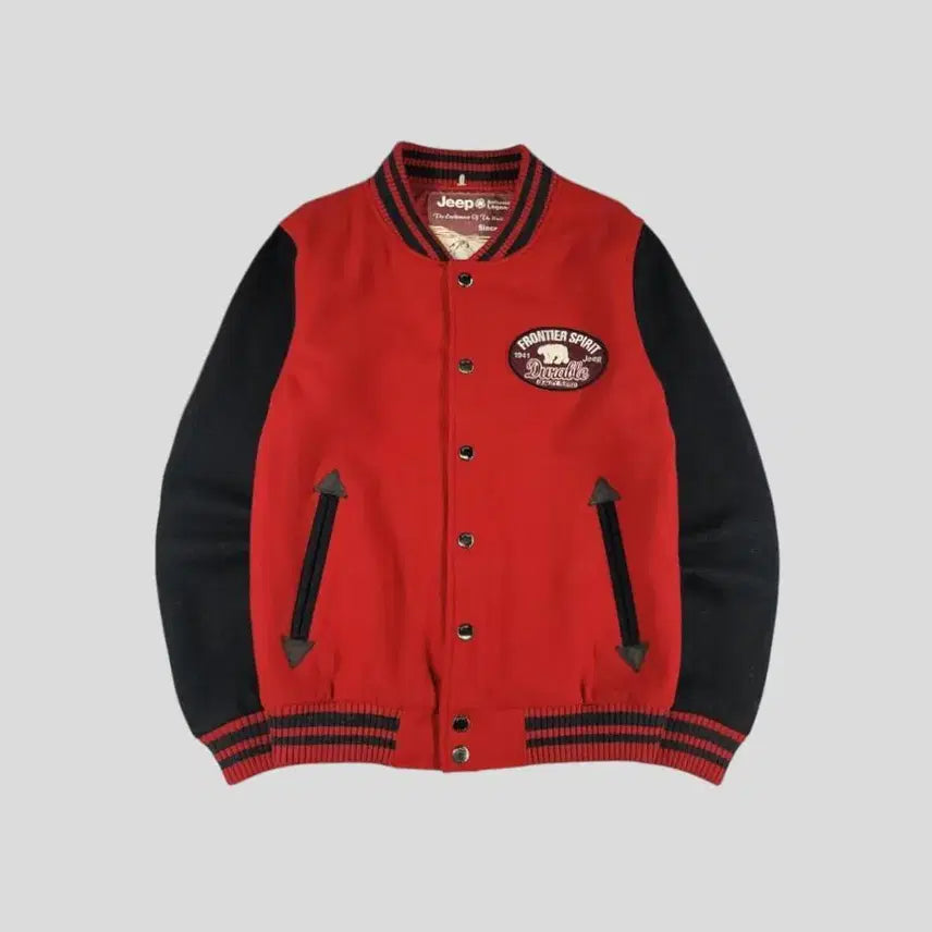 [BUNJANG] Jeep Red Black Color Block Polar Bear Logo Wool Blend Varsity Jacket / JEEP 지프 레드 블랙 배색 폴라베어 로고 올드스쿨 울블렌드 바시티자켓