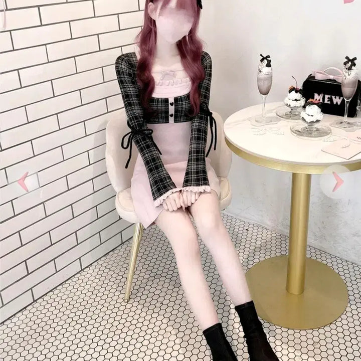 [SOLD OUT] Honeymew 허니뮤 체크 리본 도킹 원피스 판매해용