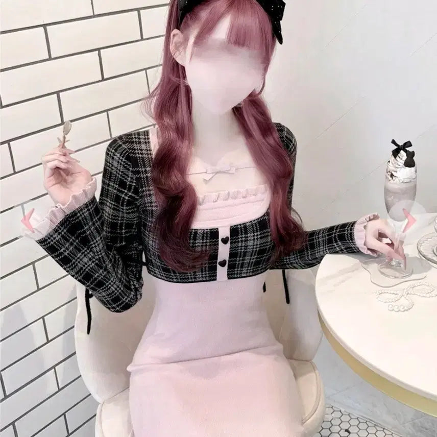 [SOLD OUT] Honeymew 허니뮤 체크 리본 도킹 원피스 판매해용