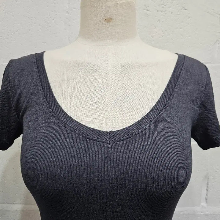 [SOLD OUT] 허리라인 브이넥 골지 반팔- 차콜