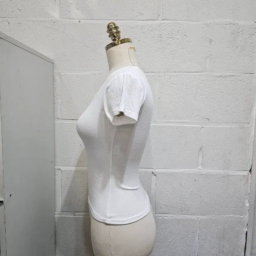 [BUNJANG] Round Ribbed Short Sleeve Top - White / 허리라인 라운드 골지 반팔- 화이트