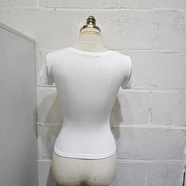 [BUNJANG] Round Ribbed Short Sleeve Top - White / 허리라인 라운드 골지 반팔- 화이트