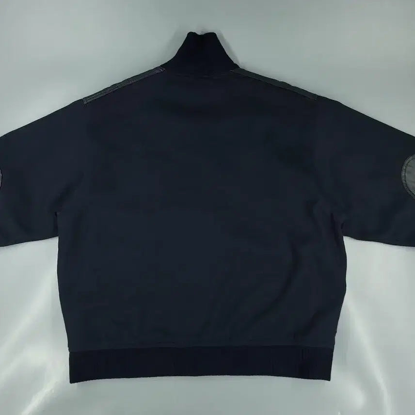 [BUNJANG] Suntory Boss Coffee Leather Shoulder Patch Jacket / 산토리 보스커피 JP 블랙 네이비 배색 로고 소가죽 카우레더 숄더패치 엘