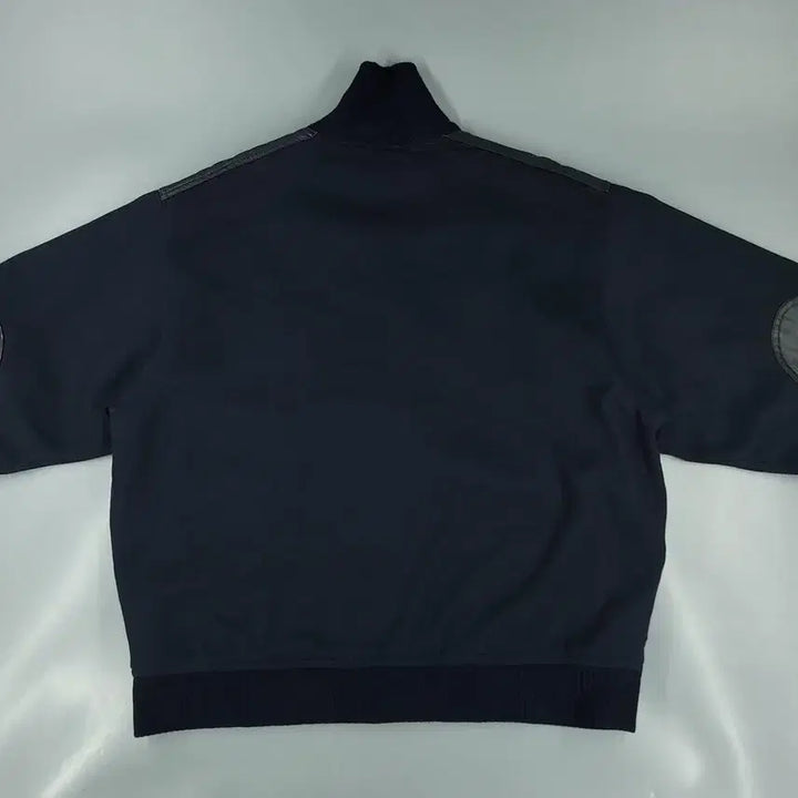[BUNJANG] Suntory Boss Coffee Leather Shoulder Patch Jacket / 산토리 보스커피 JP 블랙 네이비 배색 로고 소가죽 카우레더 숄더패치 엘