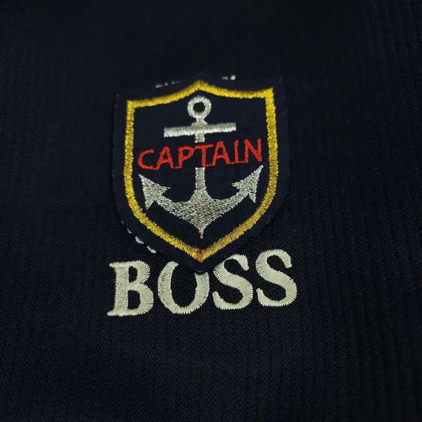 [BUNJANG] Suntory Boss Coffee Leather Shoulder Patch Jacket / 산토리 보스커피 JP 블랙 네이비 배색 로고 소가죽 카우레더 숄더패치 엘