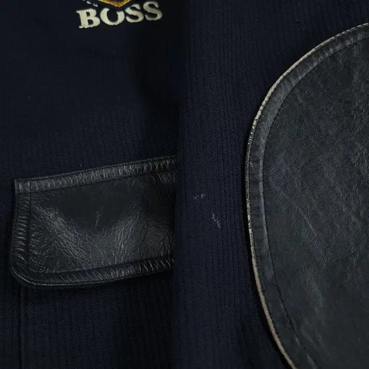 [BUNJANG] Suntory Boss Coffee Leather Shoulder Patch Jacket / 산토리 보스커피 JP 블랙 네이비 배색 로고 소가죽 카우레더 숄더패치 엘