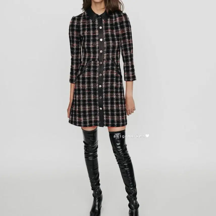[BUNJANG] MAJE Tweed Dress with Leather Detail / MAJE 마쥬 레더라인 트위드 원피스 40