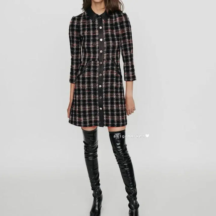 [BUNJANG] MAJE Tweed Dress with Leather Detail / MAJE 마쥬 레더라인 트위드 원피스 40