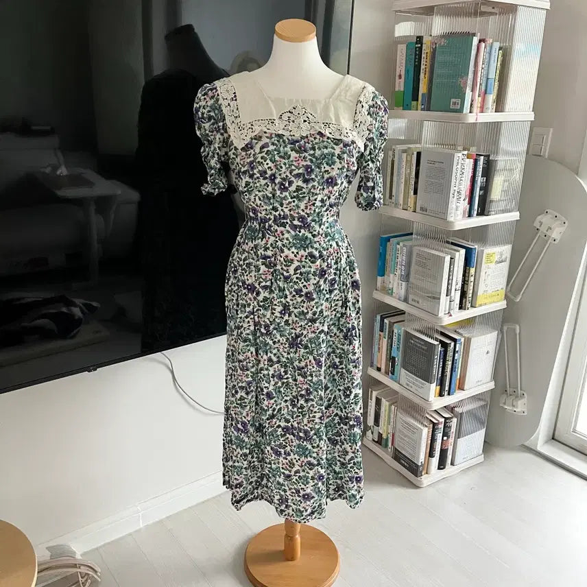 [BUNJANG] Vintage Square Collar Rayon Dress / 미국빈티지 스퀘어 칼라 원피스
