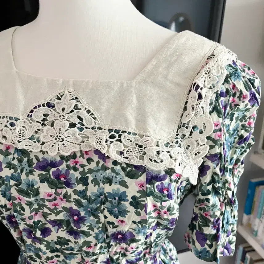 [BUNJANG] Vintage Square Collar Rayon Dress / 미국빈티지 스퀘어 칼라 원피스