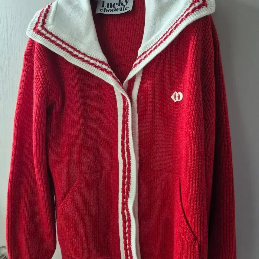 [BUNJANG] Lucky Chouette Red Knit Sailor Collar Cardigan / 럭키슈에뜨 레드 니트 가디건 세일러 칼라