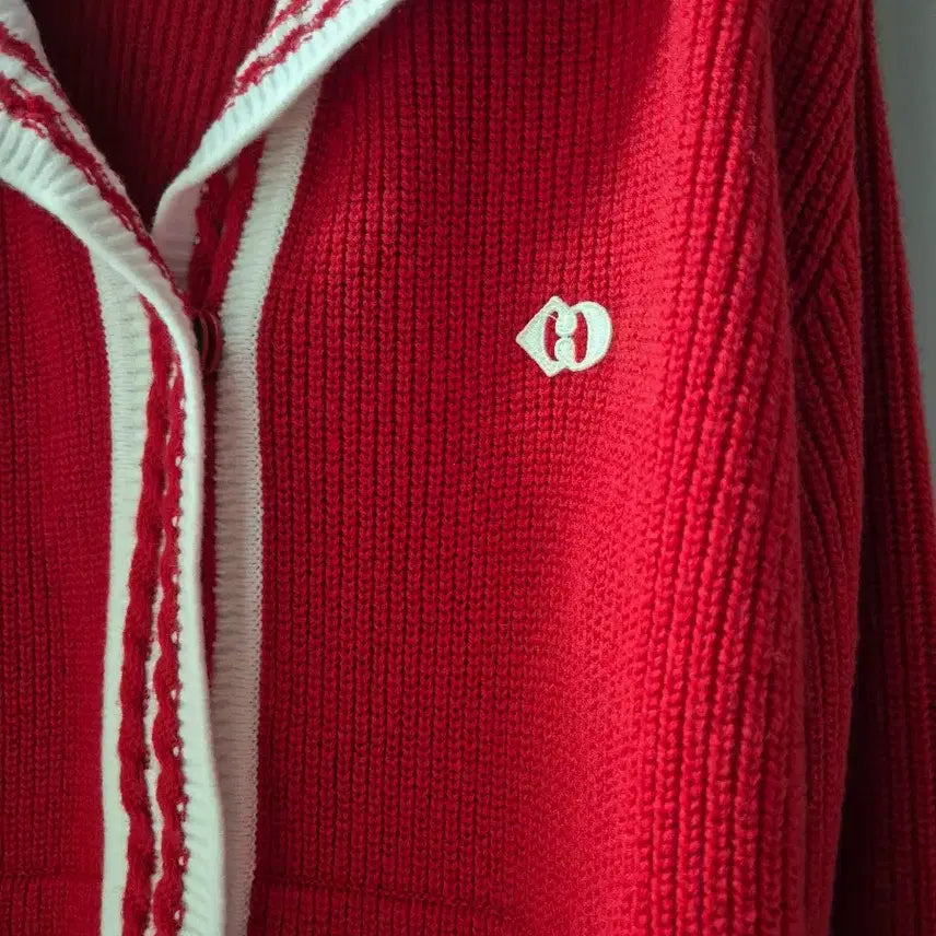 [BUNJANG] Lucky Chouette Red Knit Sailor Collar Cardigan / 럭키슈에뜨 레드 니트 가디건 세일러 칼라