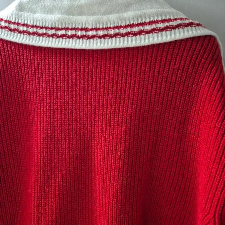 [BUNJANG] Lucky Chouette Red Knit Sailor Collar Cardigan / 럭키슈에뜨 레드 니트 가디건 세일러 칼라