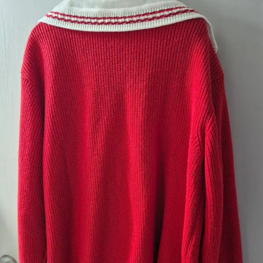 [BUNJANG] Lucky Chouette Red Knit Sailor Collar Cardigan / 럭키슈에뜨 레드 니트 가디건 세일러 칼라