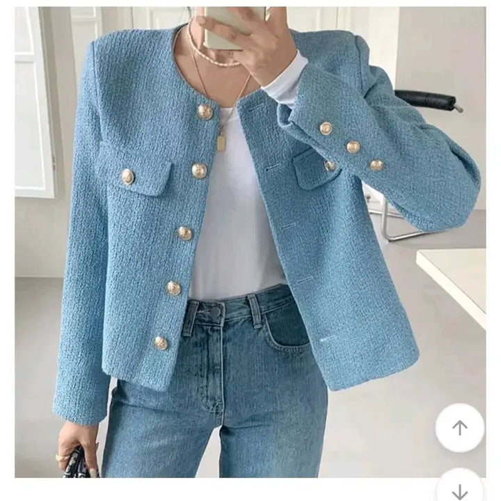[SOLD OUT] 하늘색 트위드 자켓 금장 단추