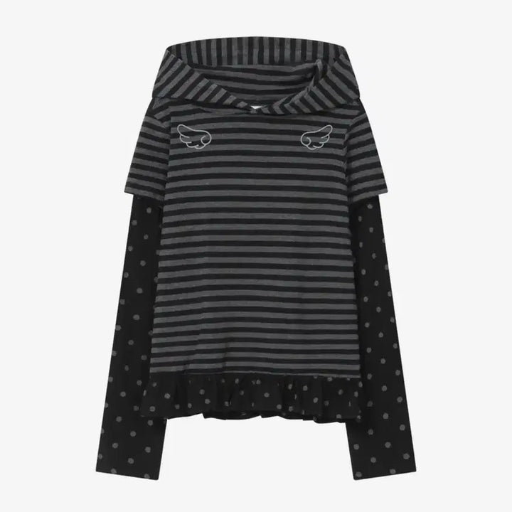 [BUNJANG] Vowf Angel Slim Fit Layered Hoodie [Striped Black] / 바우프 엔젤 슬림핏 레이어드 후드 티셔츠 [스트라이프 블랙]