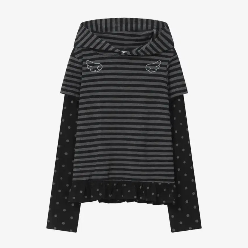 [BUNJANG] Vowf Angel Slim Fit Layered Hoodie [Striped Black] / 바우프 엔젤 슬림핏 레이어드 후드 티셔츠 [스트라이프 블랙]
