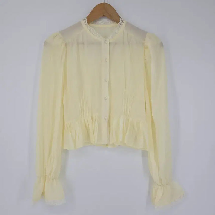 [BUNJANG] Lace Blouse Crop Top / 연한 노란  레이스 블라우스 셔링 크롭탑