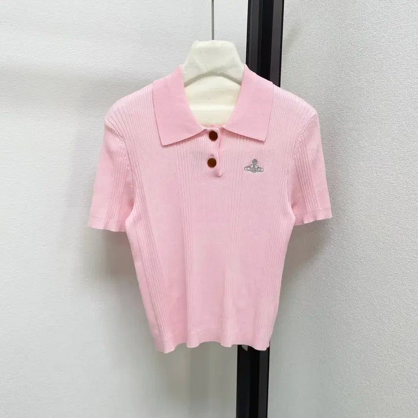 [BUNJANG] Vivienne Westwood Knit Polo Shirt Small Logo / 비비안웨스트우드  카라티 화이트  핑크 니트 자수  스몰로고