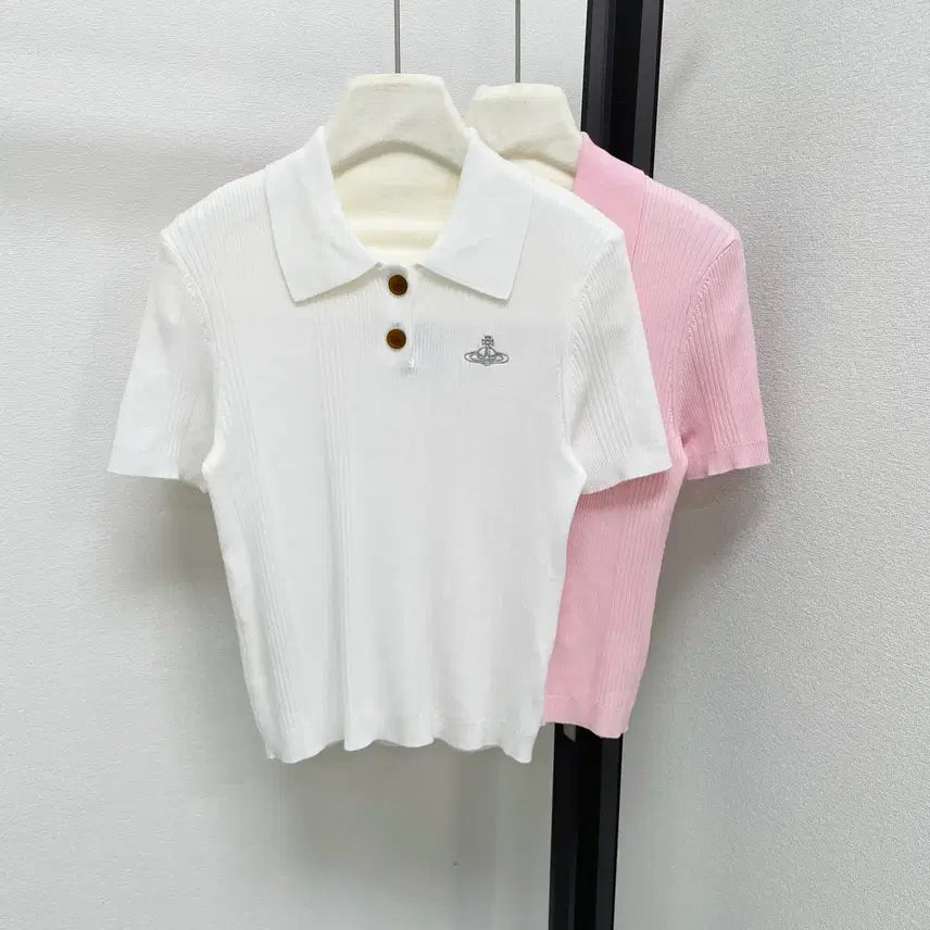 [BUNJANG] Vivienne Westwood Knit Polo Shirt Small Logo / 비비안웨스트우드  카라티 화이트  핑크 니트 자수  스몰로고