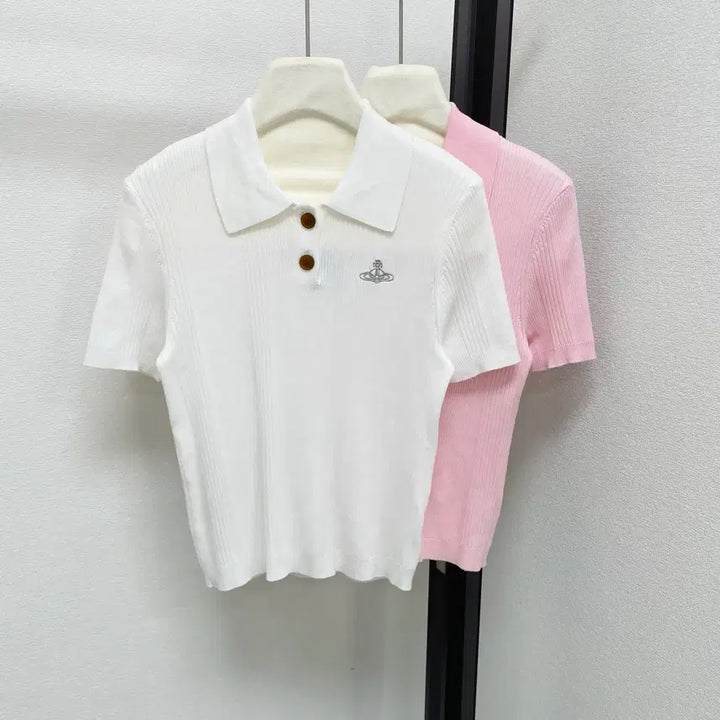 [BUNJANG] Vivienne Westwood Knit Polo Shirt Small Logo / 비비안웨스트우드  카라티 화이트  핑크 니트 자수  스몰로고
