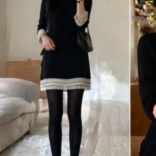 [BUNJANG] HOTPING Pleated Trim Black Mini Dress / 소매/밑단 플리츠 배색 블랙 미니 원피스