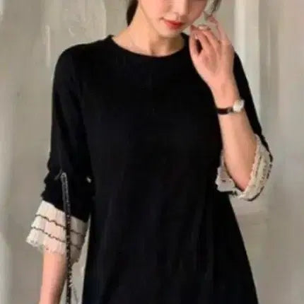 [BUNJANG] HOTPING Pleated Trim Black Mini Dress / 소매/밑단 플리츠 배색 블랙 미니 원피스