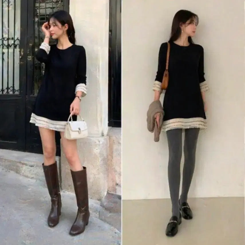 [BUNJANG] HOTPING Pleated Trim Black Mini Dress / 소매/밑단 플리츠 배색 블랙 미니 원피스