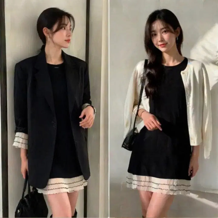 [BUNJANG] HOTPING Pleated Trim Black Mini Dress / 소매/밑단 플리츠 배색 블랙 미니 원피스