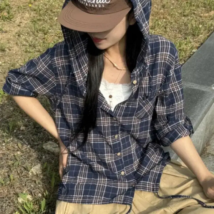[BUNJANG] Y2K Checkered Hoodie Shirt / y2k 후드 체크 셔츠
