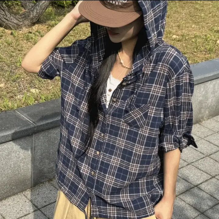 [BUNJANG] Y2K Checkered Hoodie Shirt / y2k 후드 체크 셔츠