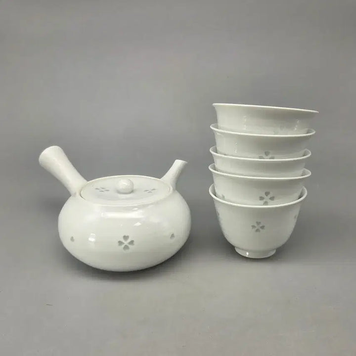 [SOLD OUT] 골동품 미사용 아리타요 영롱기법 백자 꽃무늬 다기 잔 5인셋 보관박스포함