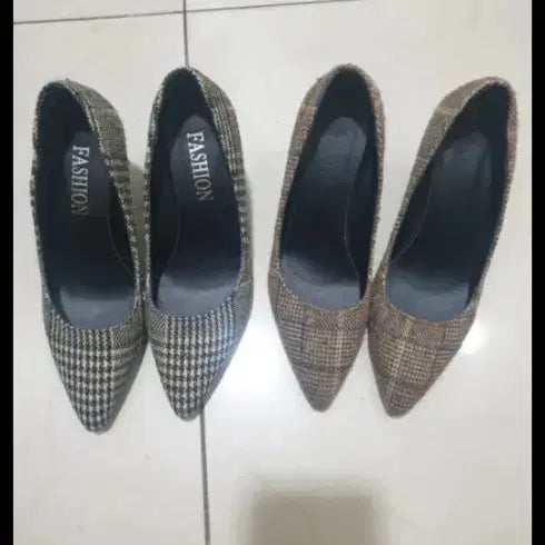[BUNJANG] Checkered Pumps Heel Set (Black Check, Brown Check) / 패션 체크무늬 펌프스힐 2족(230~235)