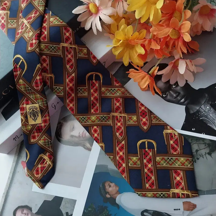 [BUNJANG] Gucci Belt Motif Pattern Tie / 구찌 네이비 벨트 모티브 패턴 넥타이 9.3cm A+등급 K2564