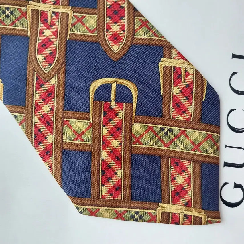 [BUNJANG] Gucci Belt Motif Pattern Tie / 구찌 네이비 벨트 모티브 패턴 넥타이 9.3cm A+등급 K2564