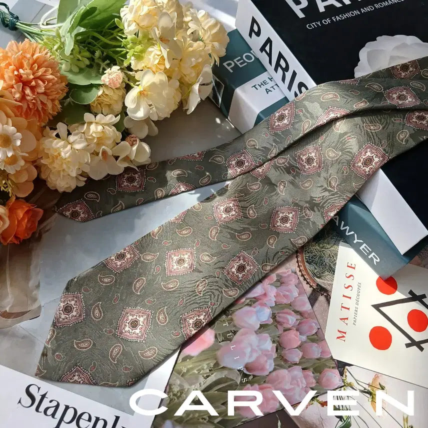 [BUNJANG] Carven Silk Green Paisley Pattern Necktie 9.3cm / 까르뱅 실크 그린 페이즐리 패턴 넥타이 9.3cm A~B등급 G14