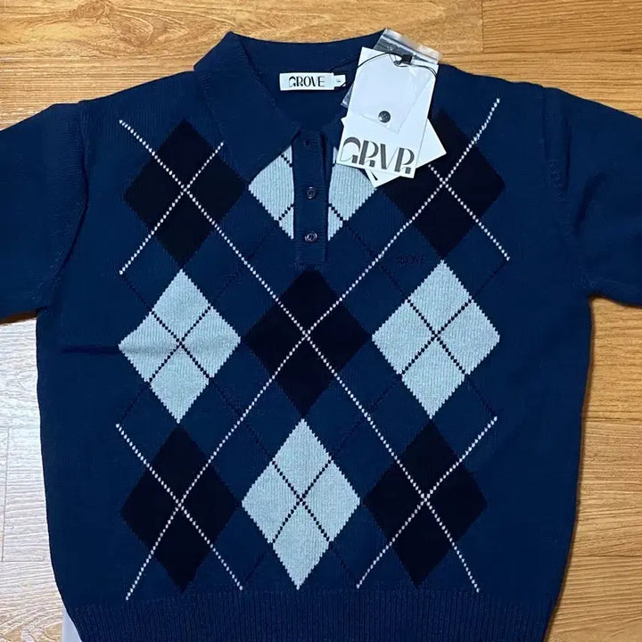 [BUNJANG] Grove Argyle Short Sleeve Knit Navy / (새상품) Grove 그로브 아가일 니트반팔