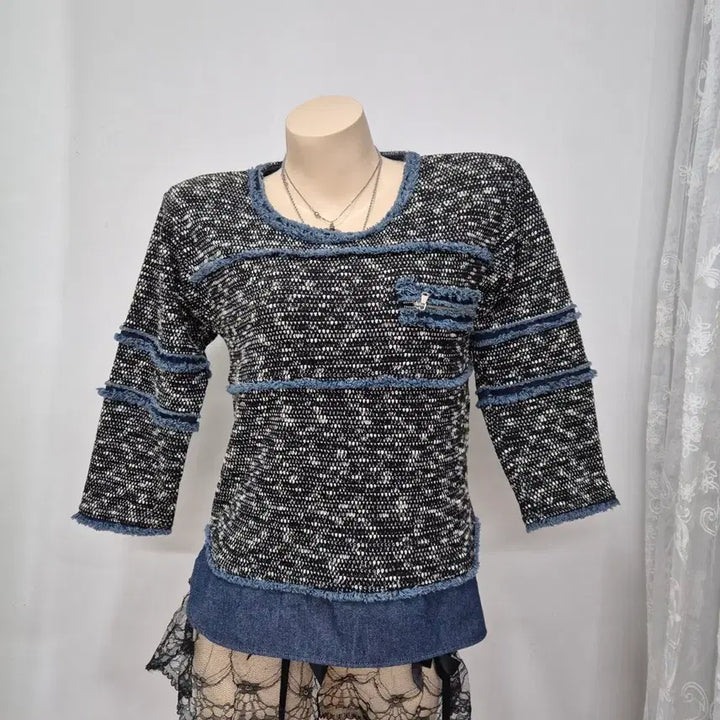 [BUNJANG] Black and White Tweed Denim Trimmed 3/4 Sleeve Top / 블랙/화이트 트위드 데님 트리밍 7부소매