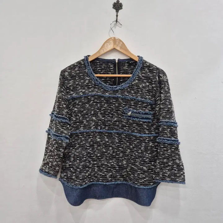 [BUNJANG] Black and White Tweed Denim Trimmed 3/4 Sleeve Top / 블랙/화이트 트위드 데님 트리밍 7부소매