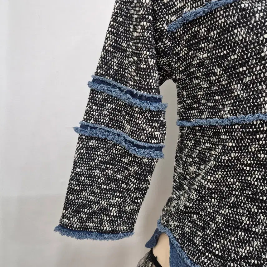 [BUNJANG] Black and White Tweed Denim Trimmed 3/4 Sleeve Top / 블랙/화이트 트위드 데님 트리밍 7부소매