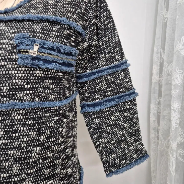 [BUNJANG] Black and White Tweed Denim Trimmed 3/4 Sleeve Top / 블랙/화이트 트위드 데님 트리밍 7부소매