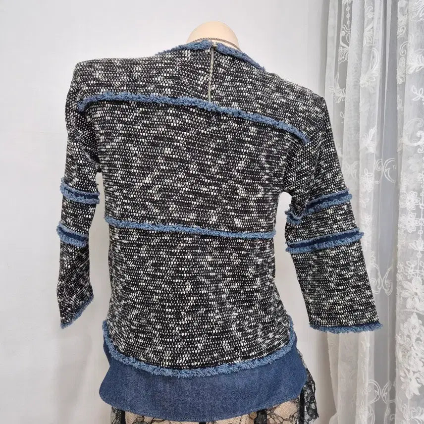[BUNJANG] Black and White Tweed Denim Trimmed 3/4 Sleeve Top / 블랙/화이트 트위드 데님 트리밍 7부소매