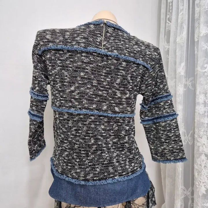 [BUNJANG] Black and White Tweed Denim Trimmed 3/4 Sleeve Top / 블랙/화이트 트위드 데님 트리밍 7부소매